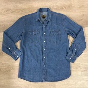 Wyoming Traders Denim Shirt Mens Medium Western Pearl Snap Cotton Long Sleeve